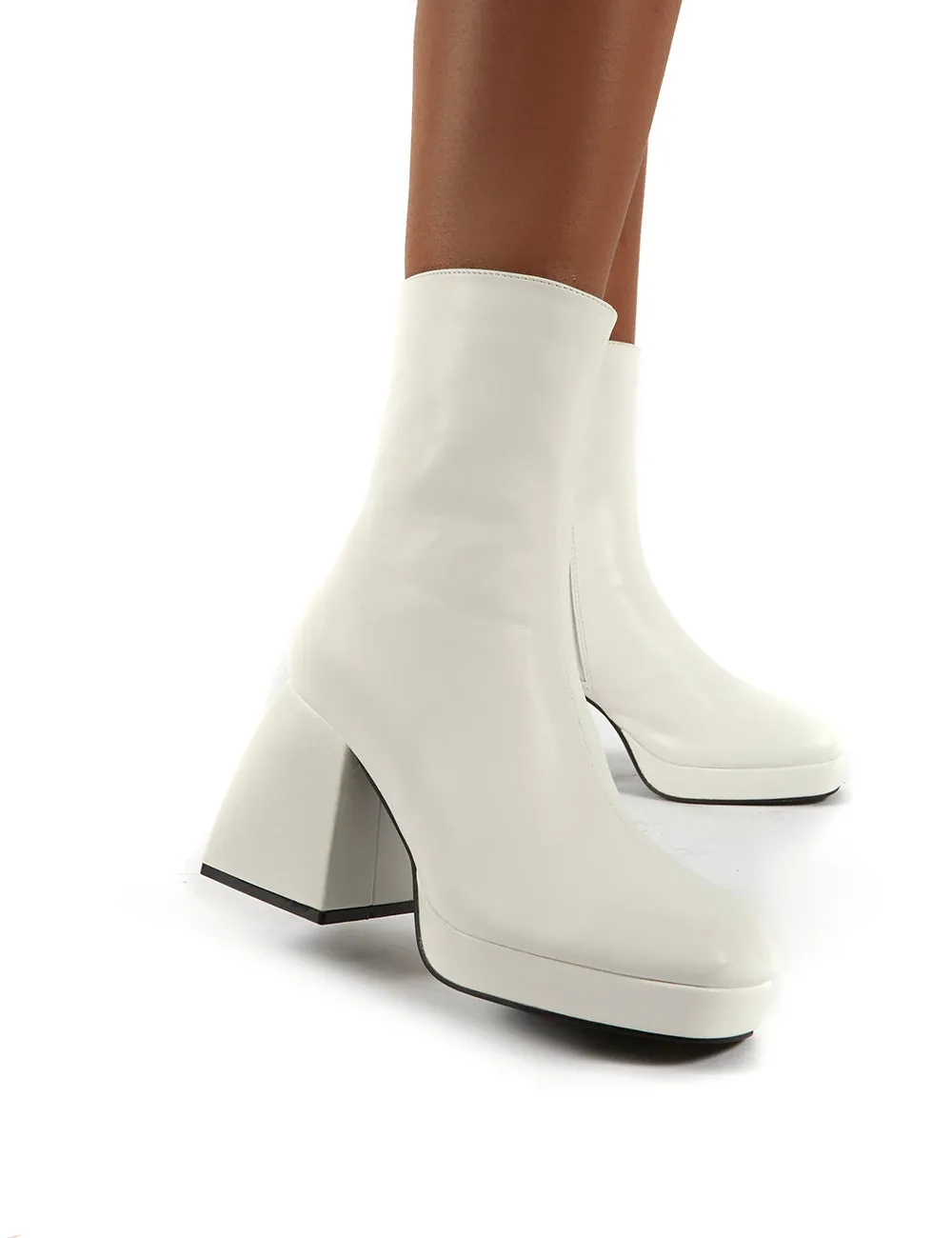 Addilyn White Chunky Heel Ankle Boots