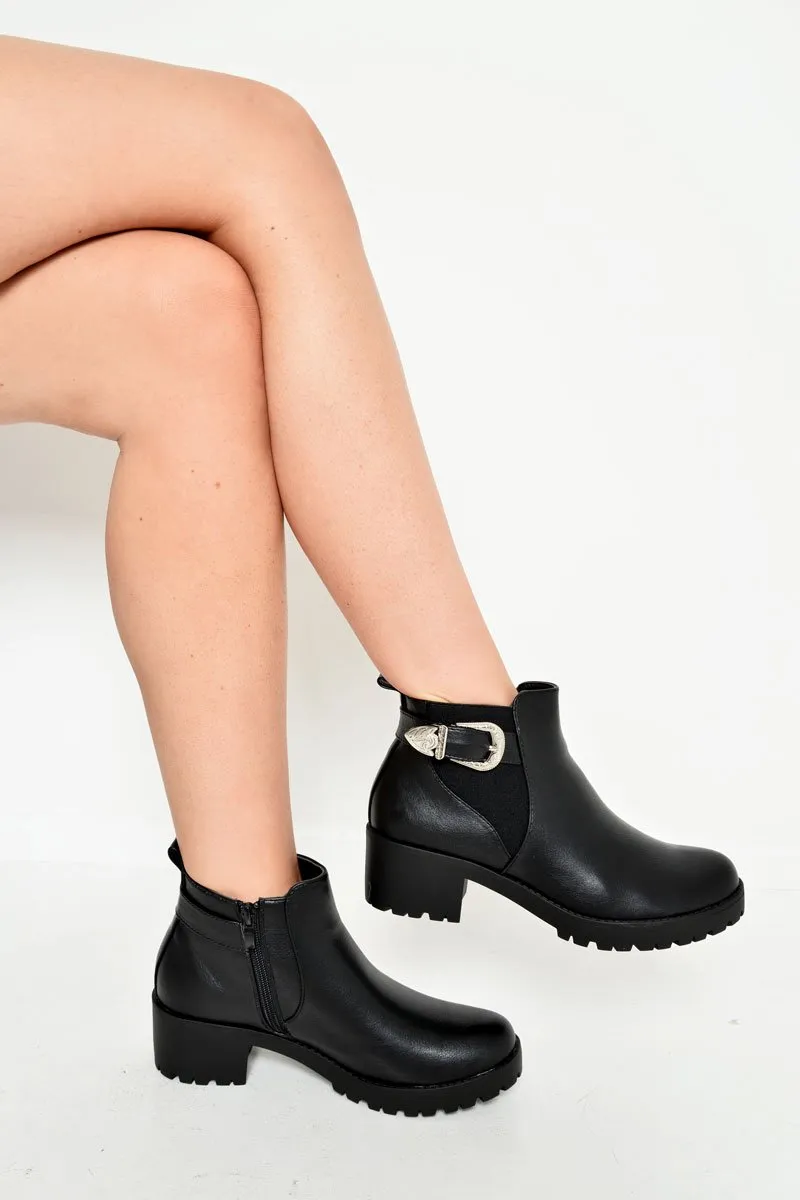 Black Buckle Side Zip Ankle Boots - Jahmiah