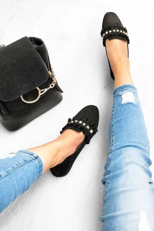 Black Faux Suede Studded Loafers - Kenia