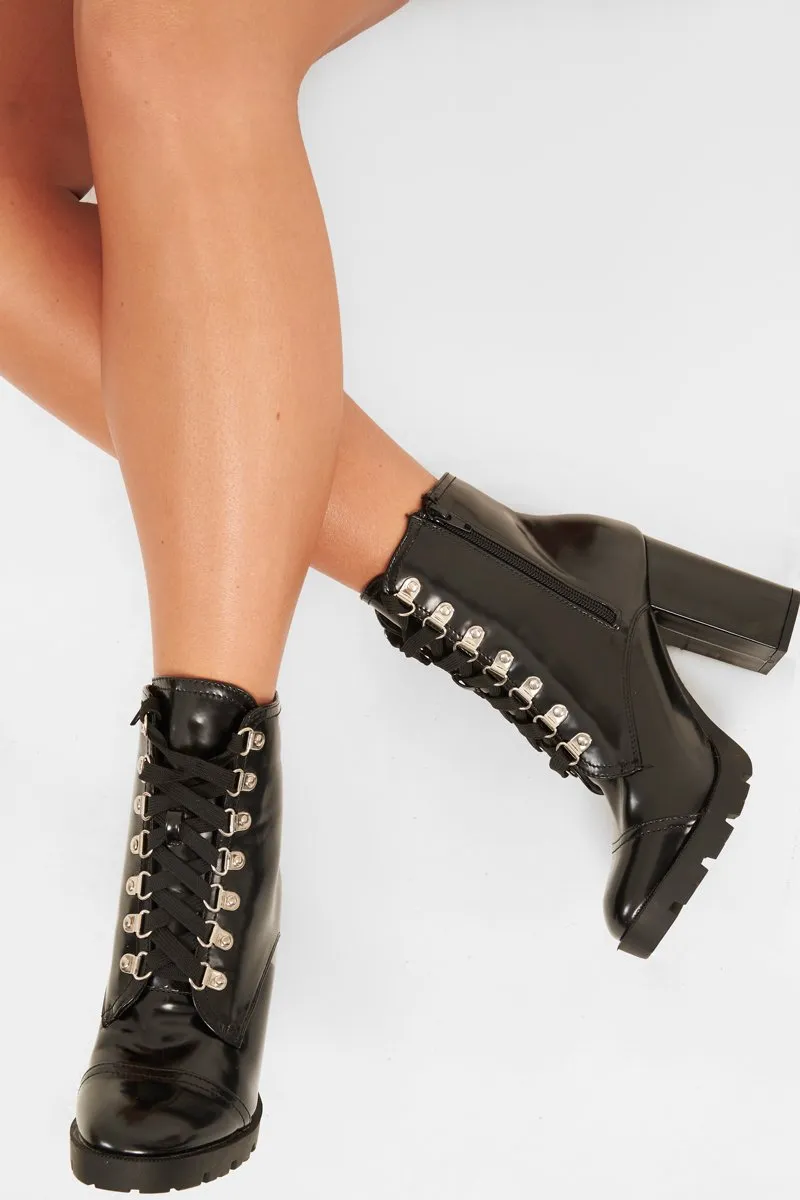 Black Patent Lace Up Heeled Boots - Jalea