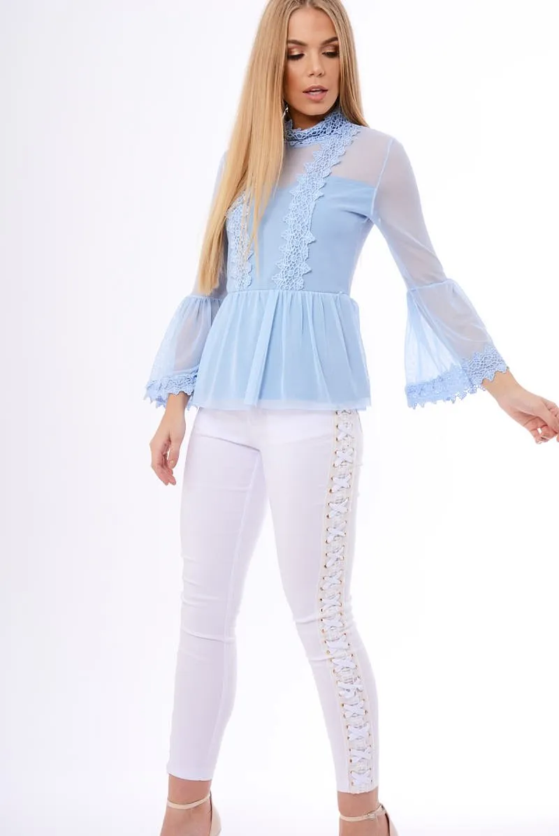 Blue Mesh Crochet Bell Sleeve High Neck Blouse - Loretta