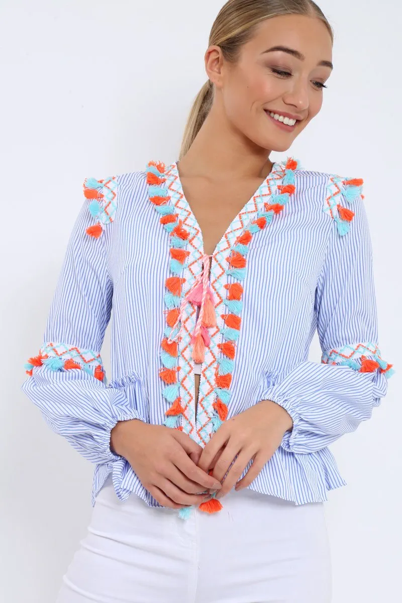 Blue Pinstripe Shirt with Tassel detailing - Roseanna