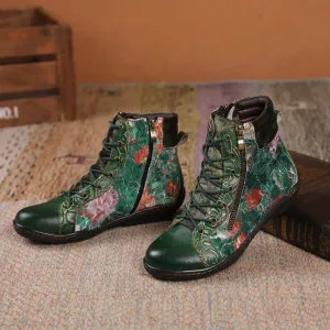 CrazycatZ Womens  Boots Sport Leather Western Boots Colorful Leather Boots Green Floral