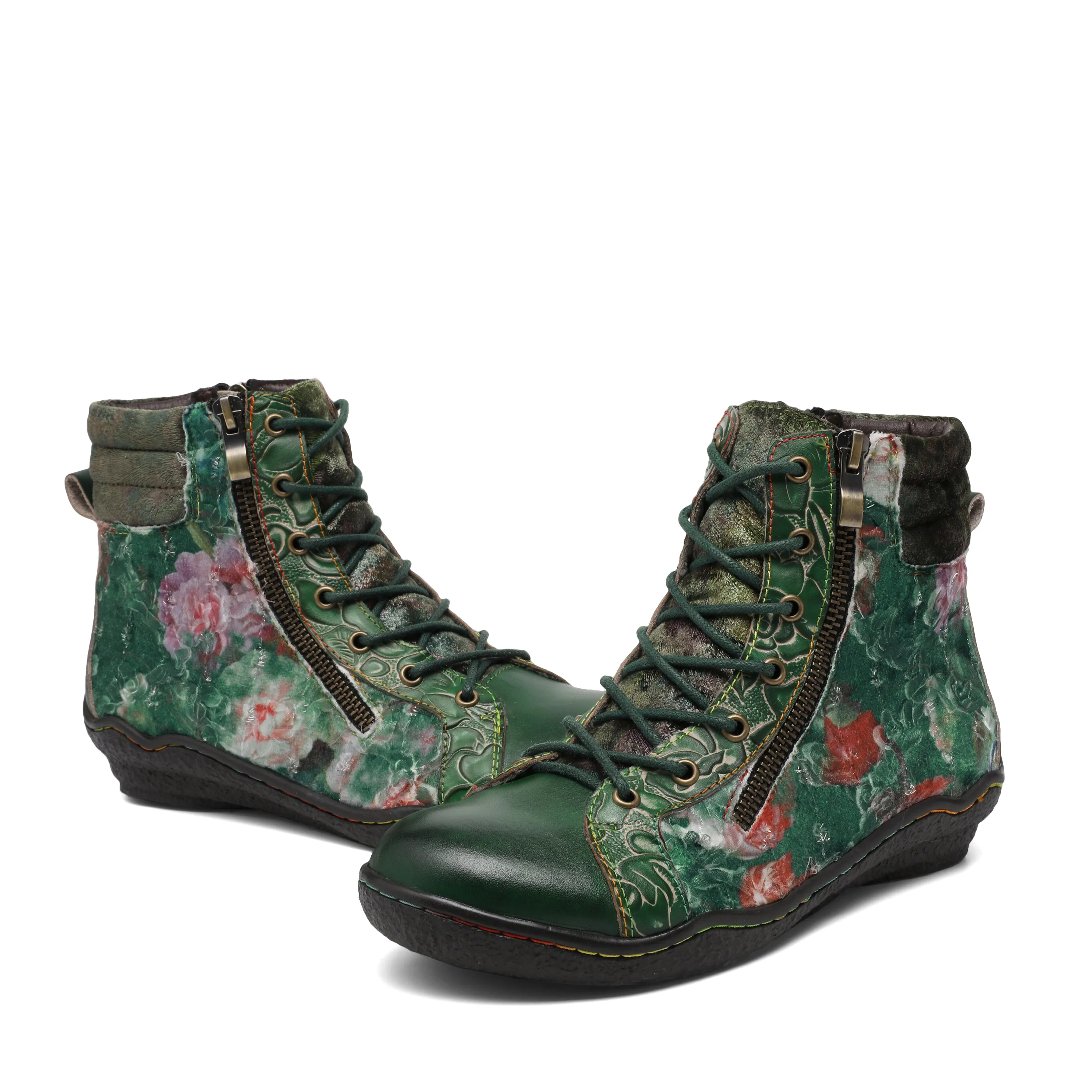 CrazycatZ Womens  Boots Sport Leather Western Boots Colorful Leather Boots Green Floral