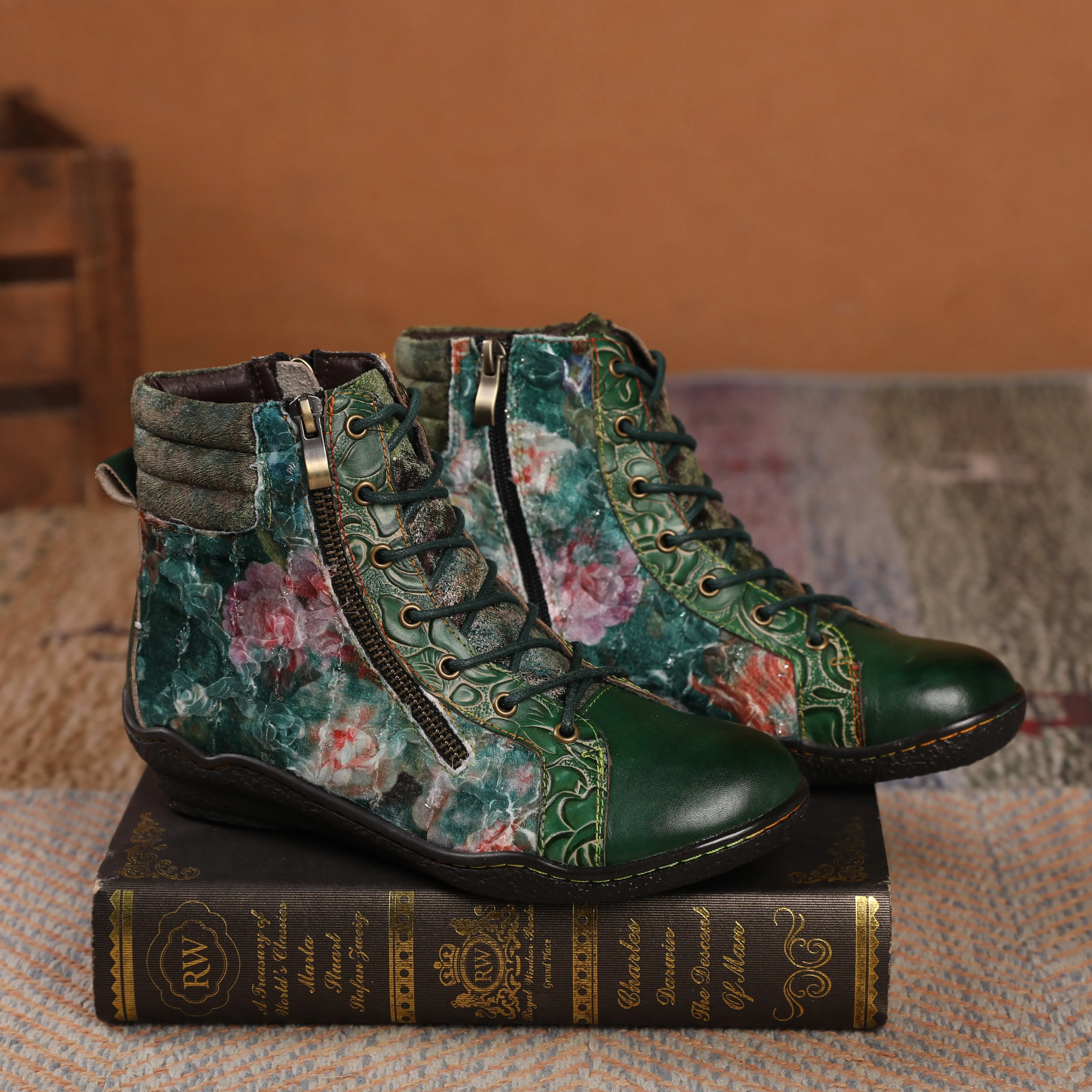 CrazycatZ Womens  Boots Sport Leather Western Boots Colorful Leather Boots Green Floral