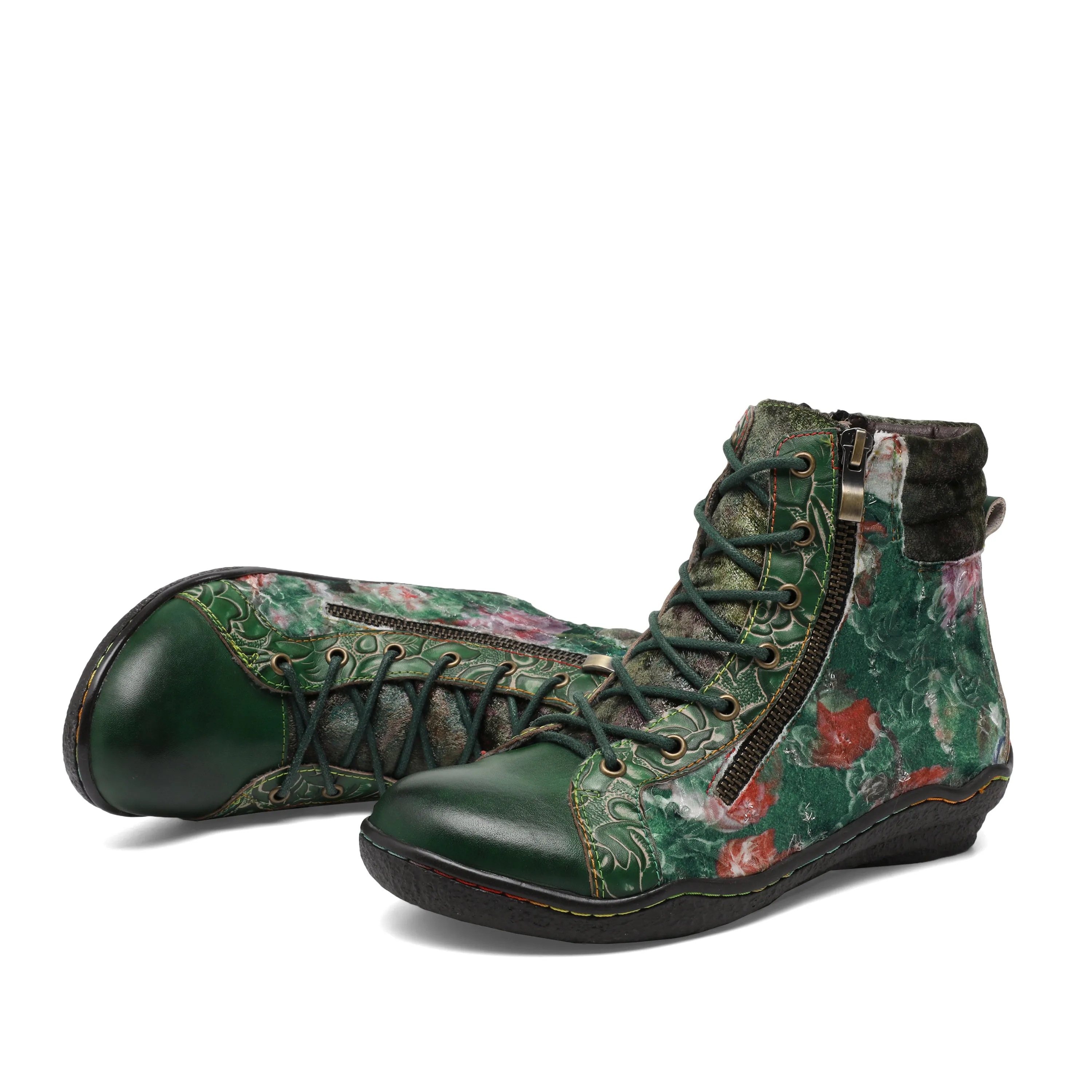 CrazycatZ Womens  Boots Sport Leather Western Boots Colorful Leather Boots Green Floral