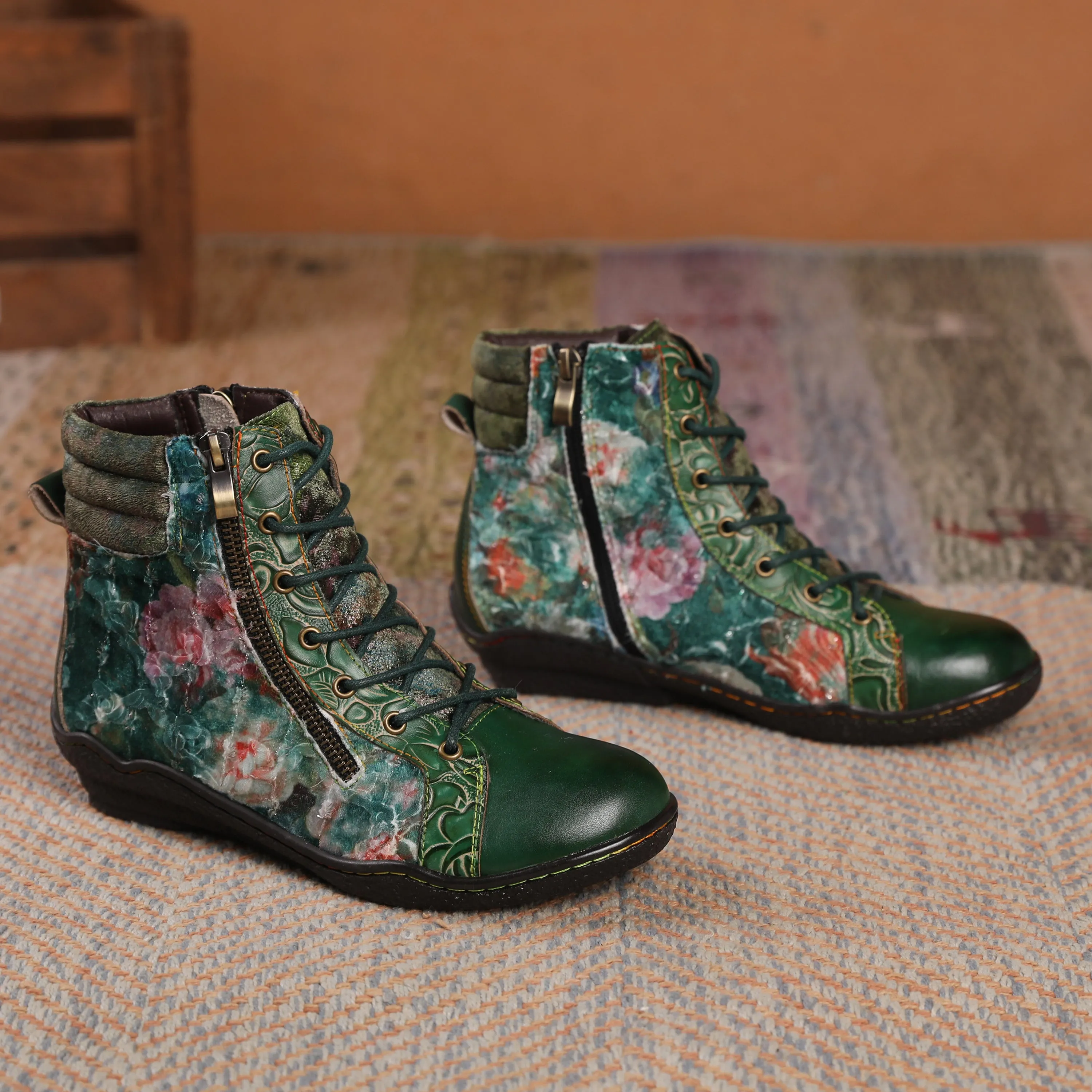 CrazycatZ Womens  Boots Sport Leather Western Boots Colorful Leather Boots Green Floral