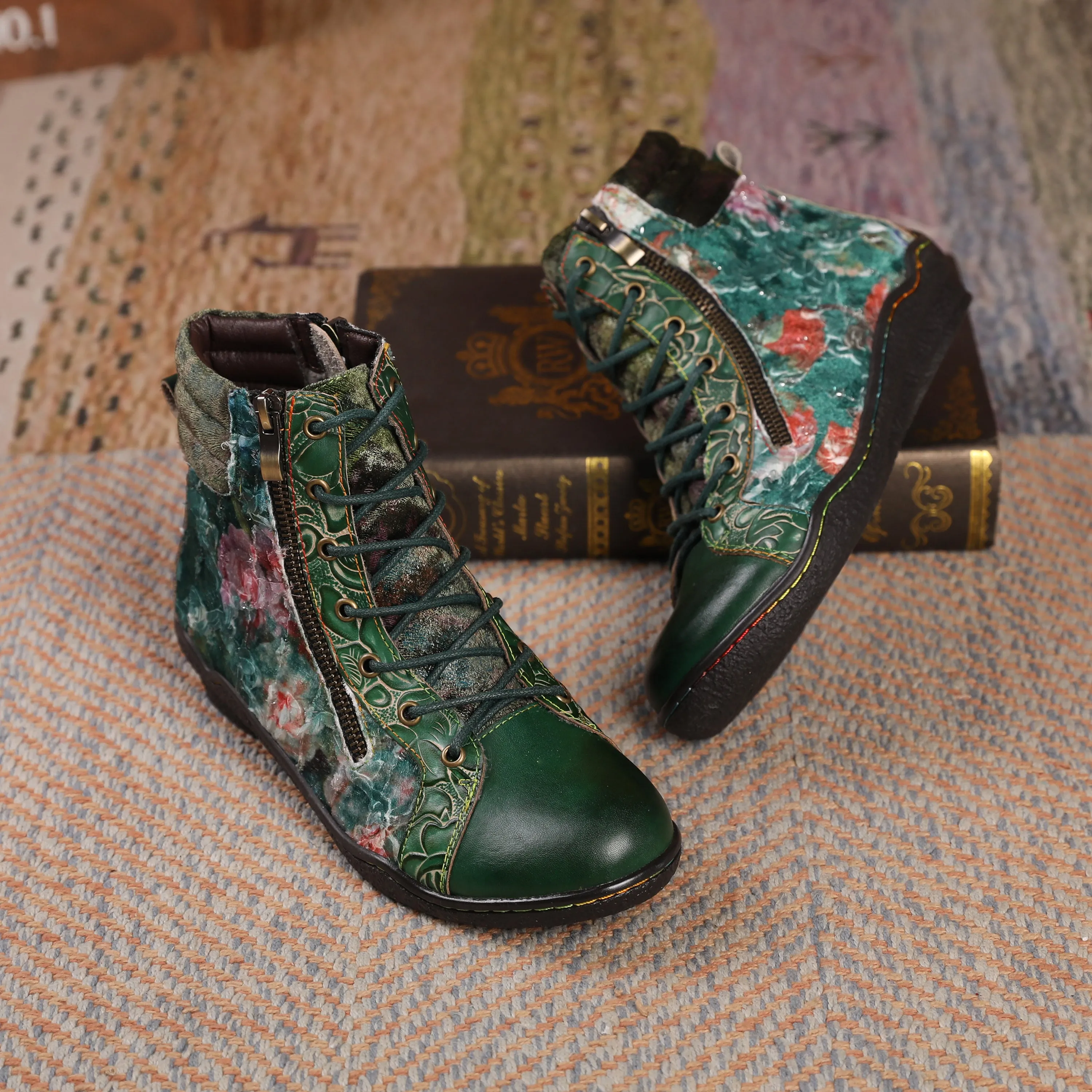 CrazycatZ Womens  Boots Sport Leather Western Boots Colorful Leather Boots Green Floral