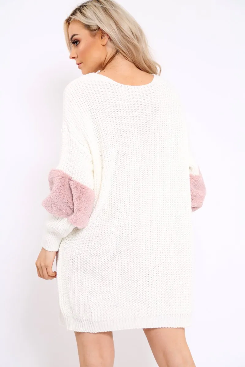 Cream Chunky Knit Fur Sleeve Jumper Dress - Jaycee