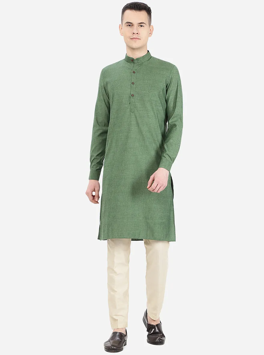 Forest Green Self Textured Regular Fit Modi Kurta | JadeBlue