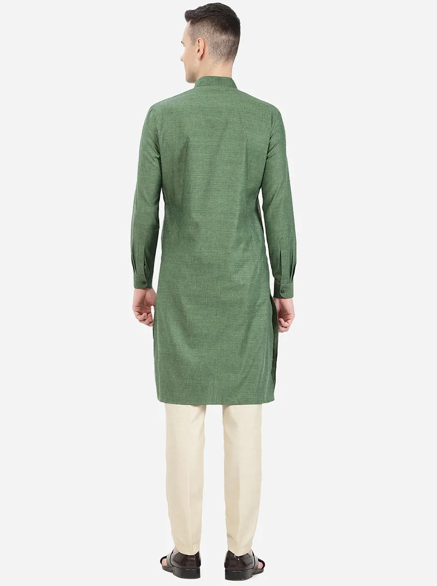 Forest Green Self Textured Regular Fit Modi Kurta | JadeBlue