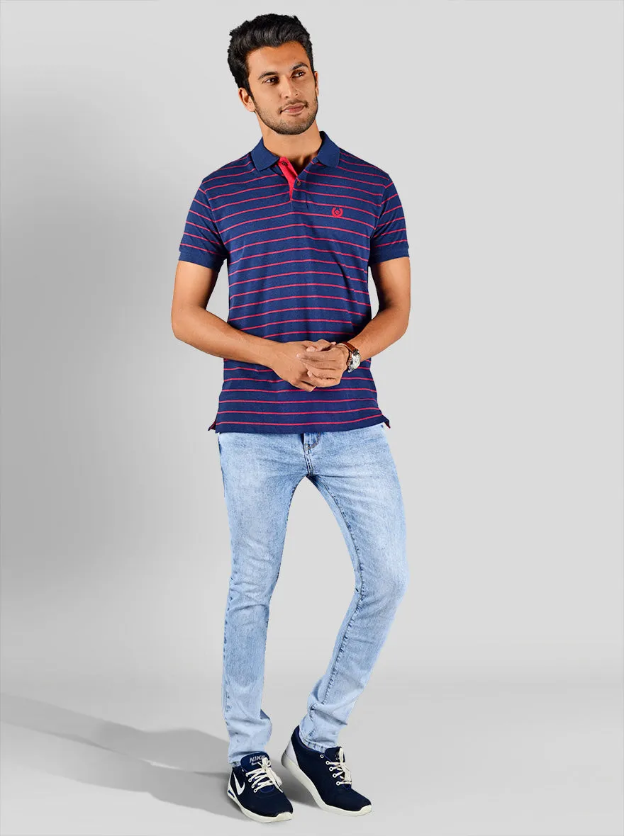 Insignia Blue Striped Slim Fit Polo T-shirt | Greenfibre