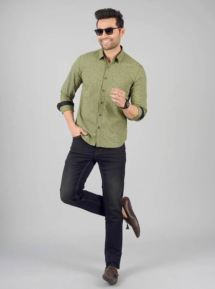 Olive Green Printed Slim Fit Casual Shirt | Greenfibre