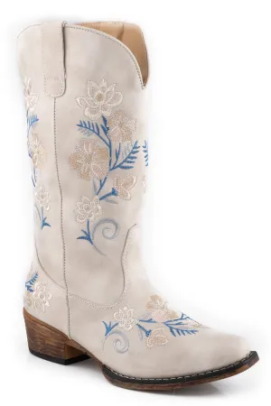 Roper Womens Riley Floral White Faux Leather Cowboy Boots