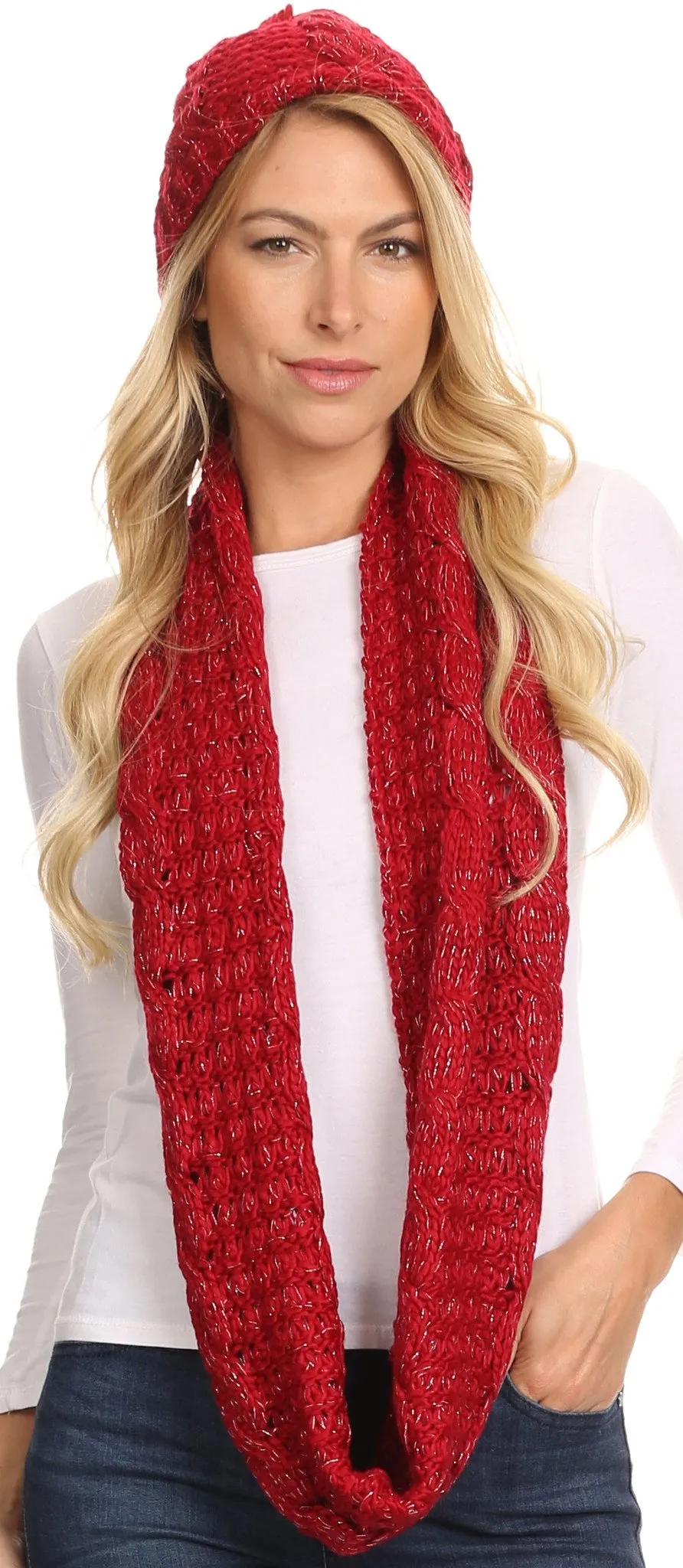 Sakkas Haile Metallic Threaded Woven Classic Hat Beanie And Infinity Scarf Set