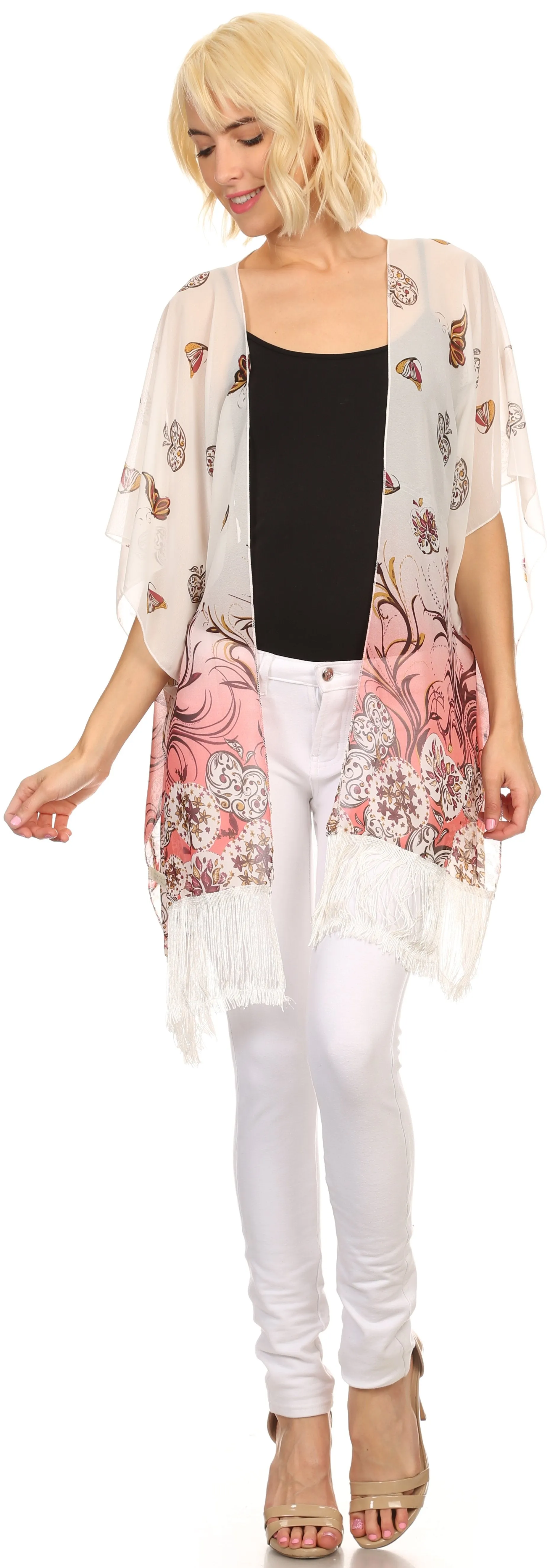 Sakkas Yew Long Wide Sheer Printed Fringe Bottom Short Draped Sleeve Kimono Top